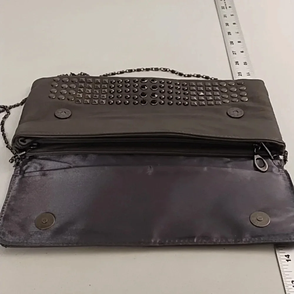 Gray Clutch Crossbody bag Gunmetal Studs Black Faceted Stones Removable Chain - Picture 5 of 11